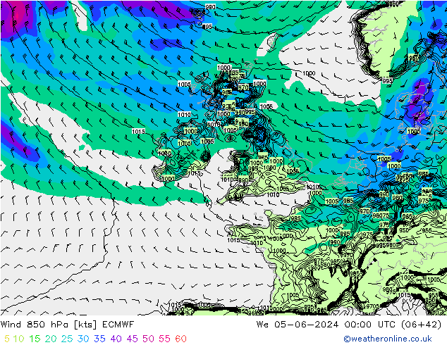 Wind 850 hPa ECMWF We 05.06.2024 00 UTC