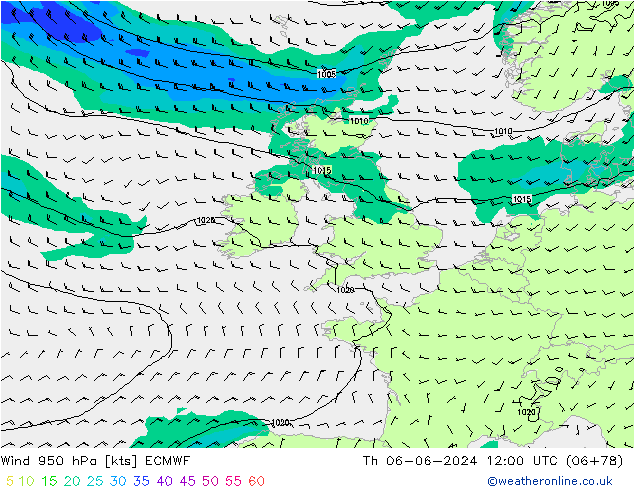 Wind 950 hPa ECMWF Čt 06.06.2024 12 UTC