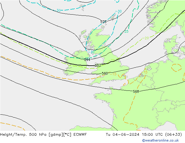 Height/Temp. 500 hPa ECMWF Tu 04.06.2024 15 UTC