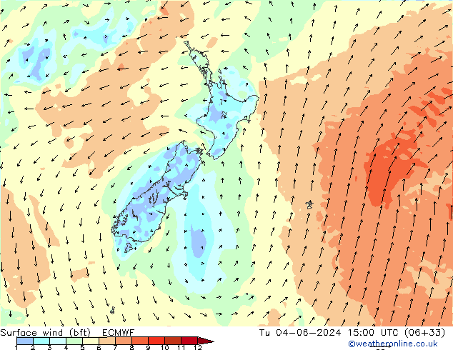 Surface wind (bft) ECMWF Tu 04.06.2024 15 UTC