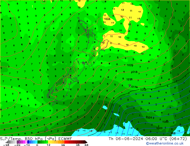 SLP/Temp. 850 hPa ECMWF Th 06.06.2024 06 UTC