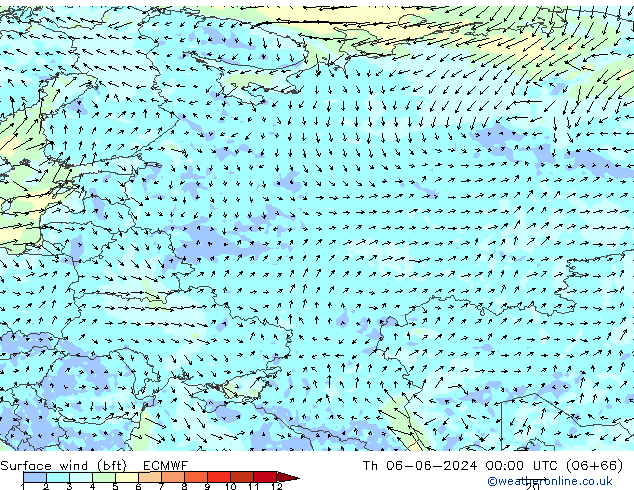 Surface wind (bft) ECMWF Th 06.06.2024 00 UTC