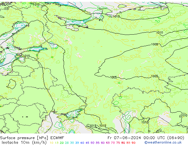 Isotachs (kph) ECMWF Fr 07.06.2024 00 UTC