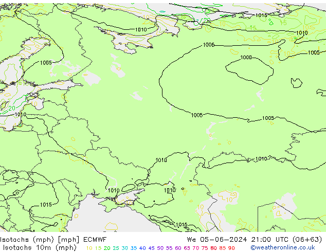 Isotachen (mph) ECMWF wo 05.06.2024 21 UTC