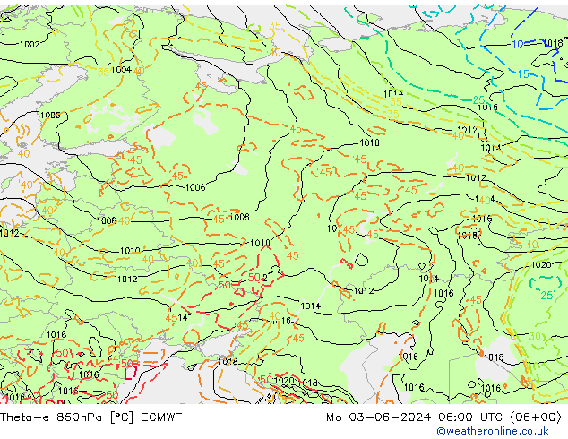 Theta-e 850hPa ECMWF pon. 03.06.2024 06 UTC