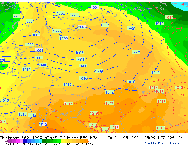 Dikte 850-1000 hPa ECMWF di 04.06.2024 06 UTC