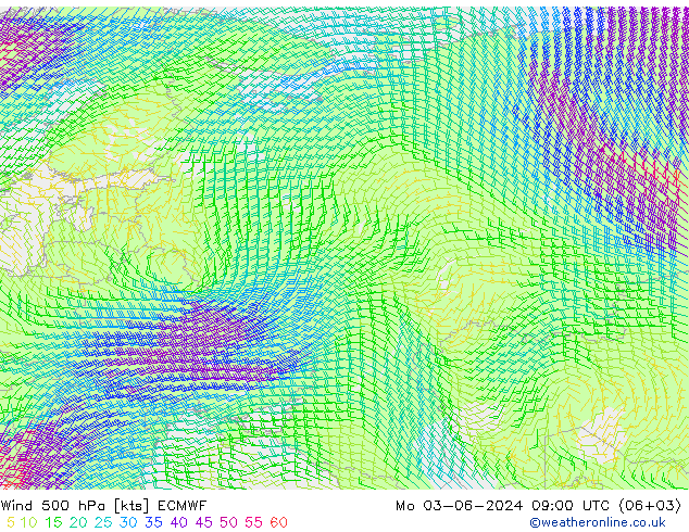 Vento 500 hPa ECMWF lun 03.06.2024 09 UTC