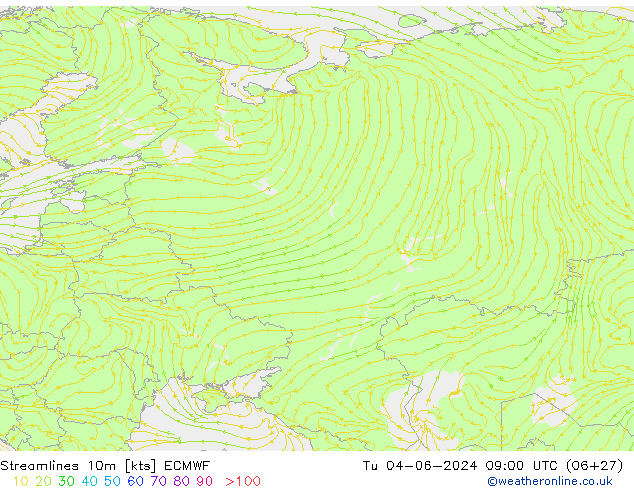 Stroomlijn 10m ECMWF di 04.06.2024 09 UTC