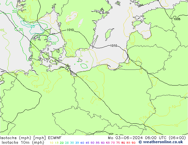 Izotacha (mph) ECMWF pon. 03.06.2024 06 UTC