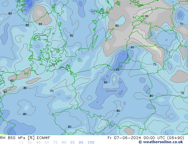 Humedad rel. 850hPa ECMWF vie 07.06.2024 00 UTC