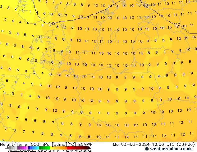 Z500/Yağmur (+YB)/Z850 ECMWF Pzt 03.06.2024 12 UTC