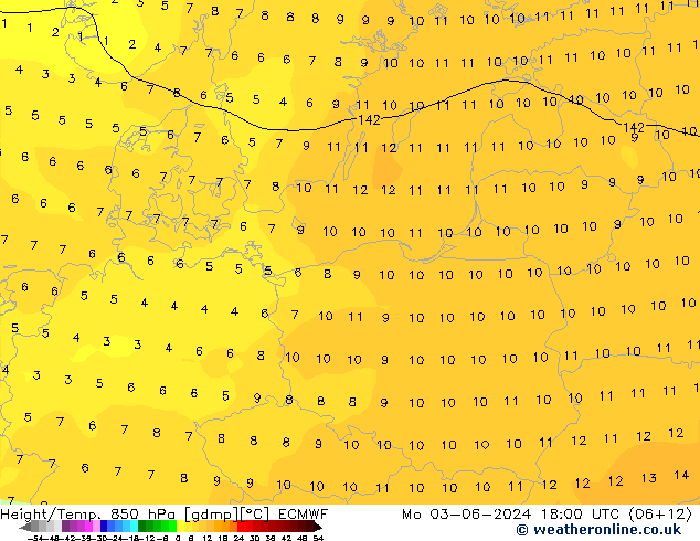 Height/Temp. 850 hPa ECMWF Po 03.06.2024 18 UTC