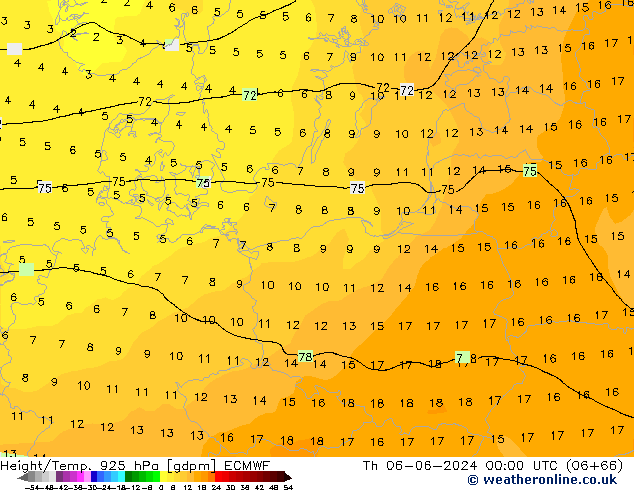 Height/Temp. 925 hPa ECMWF Čt 06.06.2024 00 UTC