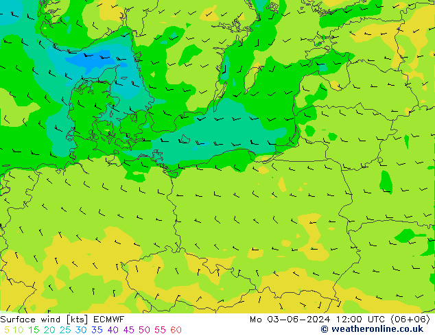 wiatr 10 m ECMWF pon. 03.06.2024 12 UTC