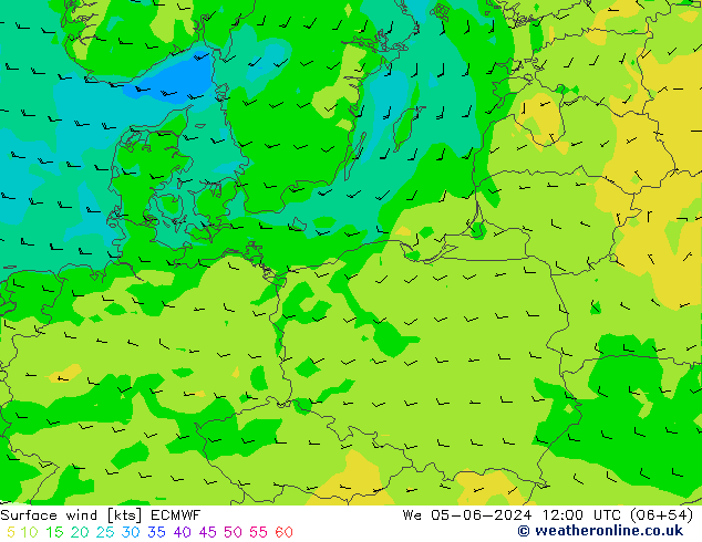 wiatr 10 m ECMWF śro. 05.06.2024 12 UTC