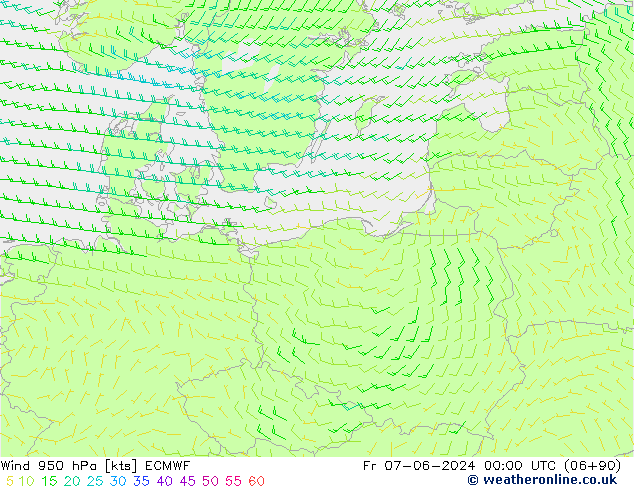 Vento 950 hPa ECMWF ven 07.06.2024 00 UTC