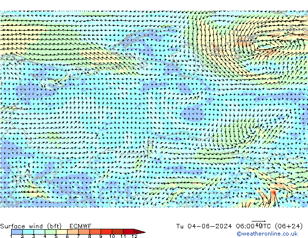 Surface wind (bft) ECMWF Út 04.06.2024 06 UTC