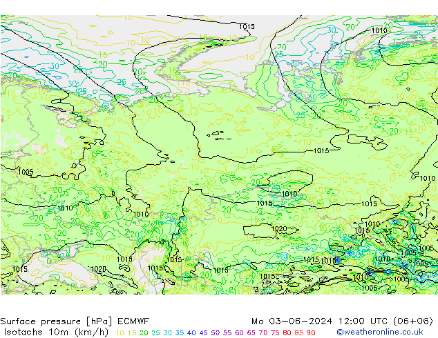 Isotaca (kph) ECMWF lun 03.06.2024 12 UTC