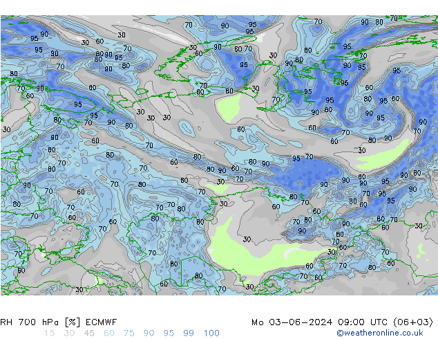 RH 700 гПа ECMWF пн 03.06.2024 09 UTC