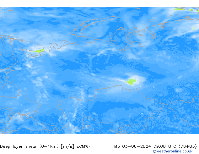 Deep layer shear (0-1km) ECMWF Po 03.06.2024 09 UTC