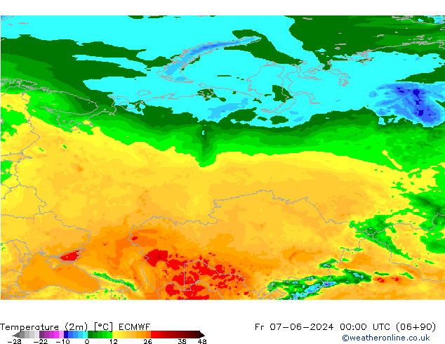 Temperatura (2m) ECMWF vie 07.06.2024 00 UTC