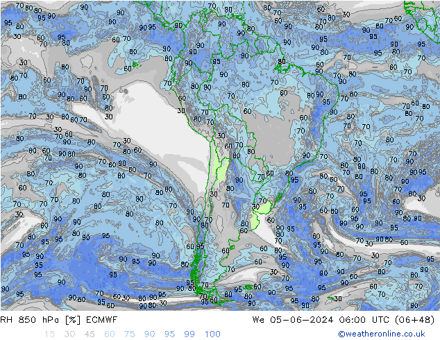 Humedad rel. 850hPa ECMWF mié 05.06.2024 06 UTC