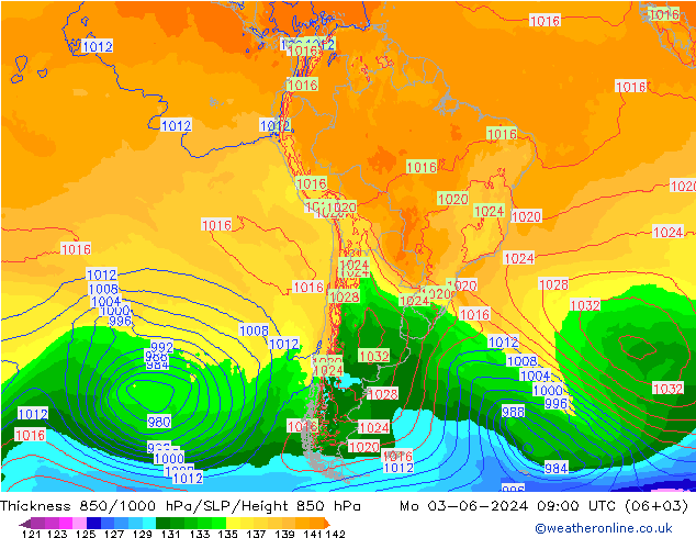 Espesor 850-1000 hPa ECMWF lun 03.06.2024 09 UTC