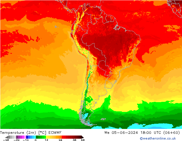 Temperatuurkaart (2m) ECMWF wo 05.06.2024 18 UTC