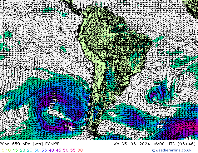 Viento 850 hPa ECMWF mié 05.06.2024 06 UTC