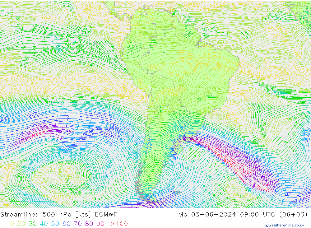 Linia prądu 500 hPa ECMWF pon. 03.06.2024 09 UTC