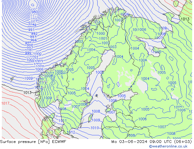 Presión superficial ECMWF lun 03.06.2024 09 UTC