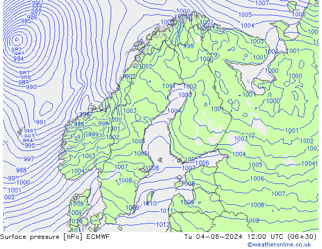 Surface pressure ECMWF Tu 04.06.2024 12 UTC