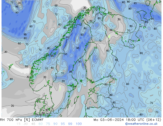 Humidité rel. 700 hPa ECMWF lun 03.06.2024 18 UTC