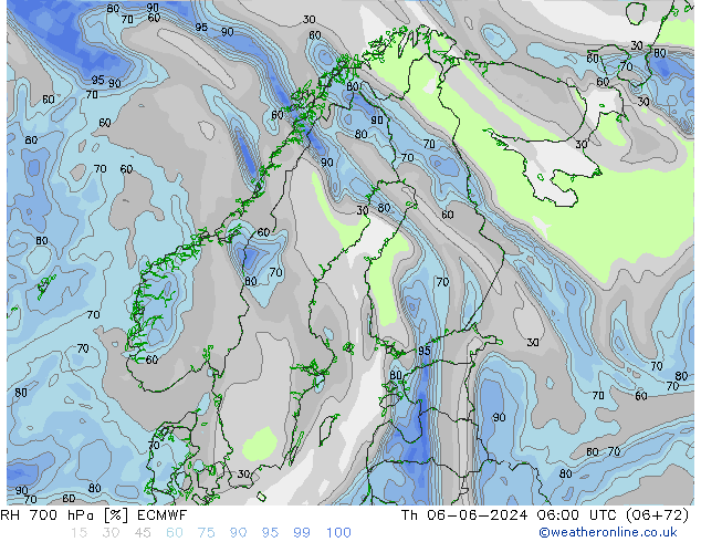 RH 700 hPa ECMWF Th 06.06.2024 06 UTC