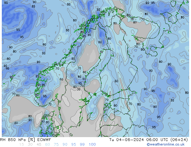 RH 850 hPa ECMWF Út 04.06.2024 06 UTC