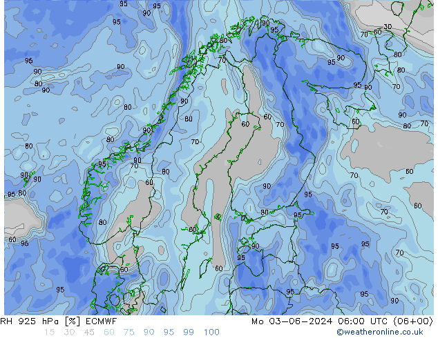 Humedad rel. 925hPa ECMWF lun 03.06.2024 06 UTC