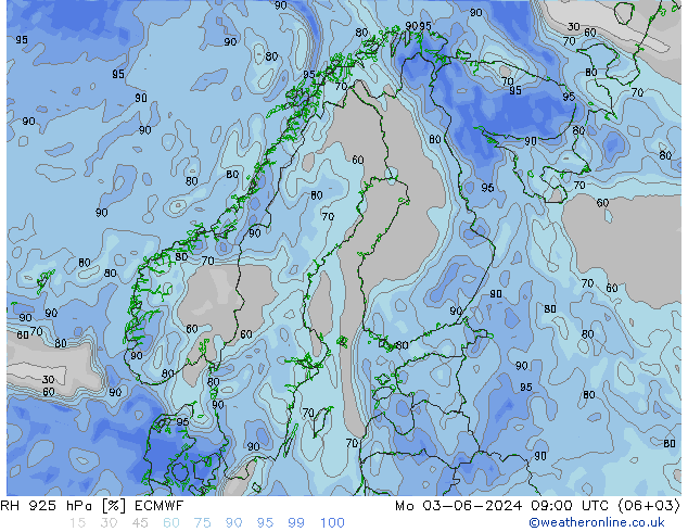 Humidité rel. 925 hPa ECMWF lun 03.06.2024 09 UTC