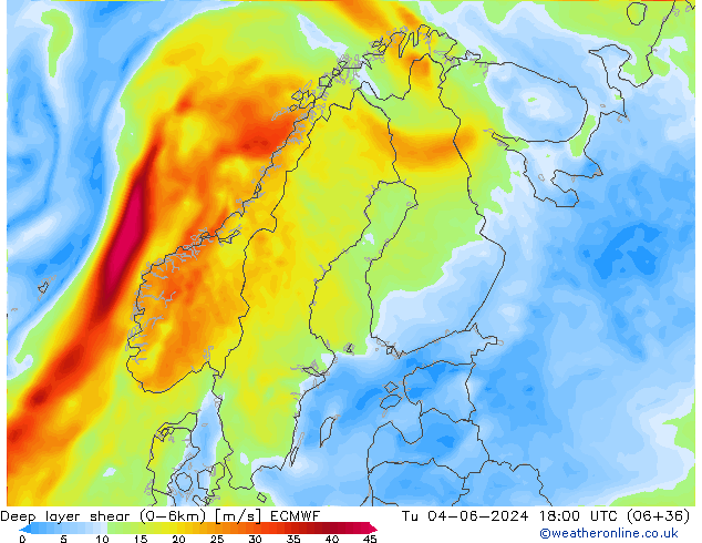 Deep layer shear (0-6km) ECMWF Ter 04.06.2024 18 UTC