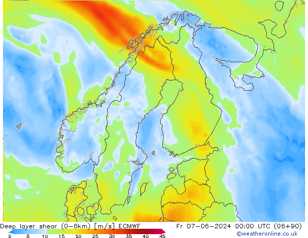 Deep layer shear (0-6km) ECMWF vr 07.06.2024 00 UTC