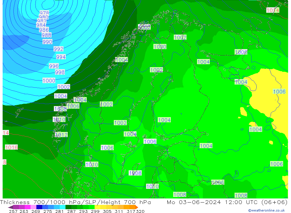 Thck 700-1000 hPa ECMWF Mo 03.06.2024 12 UTC