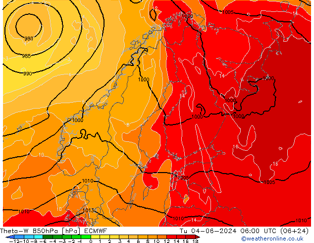 Theta-W 850hPa ECMWF Tu 04.06.2024 06 UTC