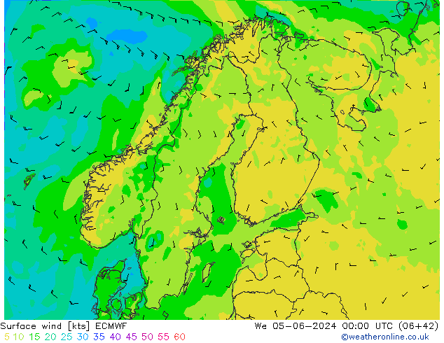 wiatr 10 m ECMWF śro. 05.06.2024 00 UTC