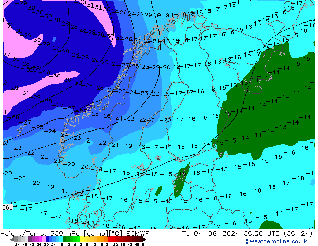 Height/Temp. 500 hPa ECMWF Út 04.06.2024 06 UTC