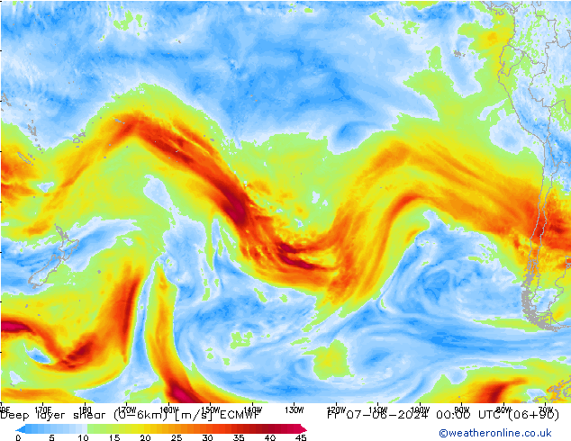 Deep layer shear (0-6km) ECMWF vie 07.06.2024 00 UTC