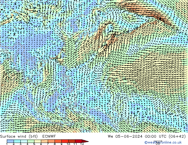 Vent 10 m (bft) ECMWF mer 05.06.2024 00 UTC