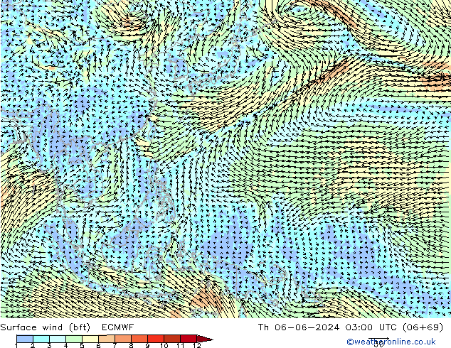 Vent 10 m (bft) ECMWF jeu 06.06.2024 03 UTC