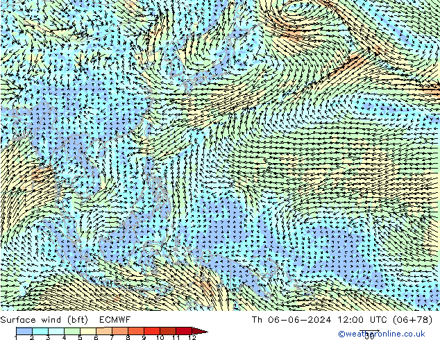 Wind 10 m (bft) ECMWF do 06.06.2024 12 UTC
