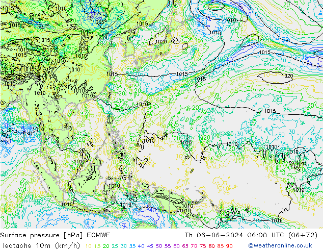 Isotachs (kph) ECMWF Čt 06.06.2024 06 UTC