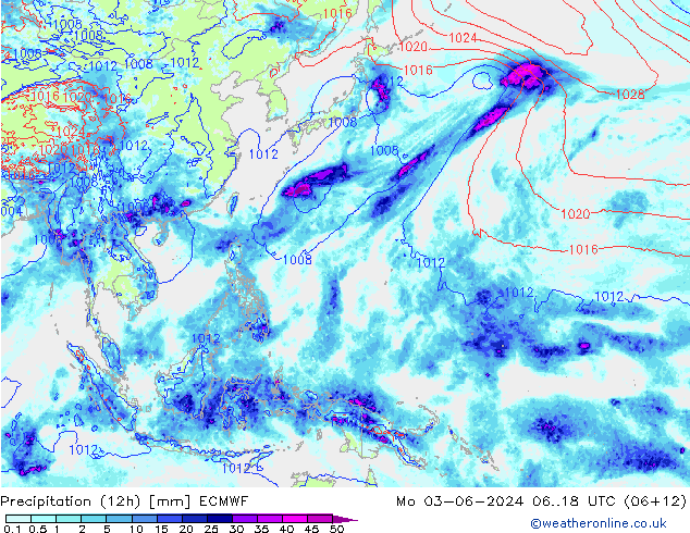 Totale neerslag (12h) ECMWF ma 03.06.2024 18 UTC