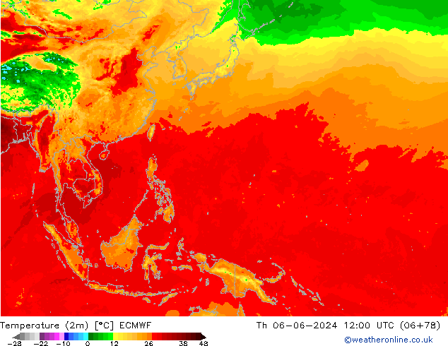 Temperatuurkaart (2m) ECMWF do 06.06.2024 12 UTC